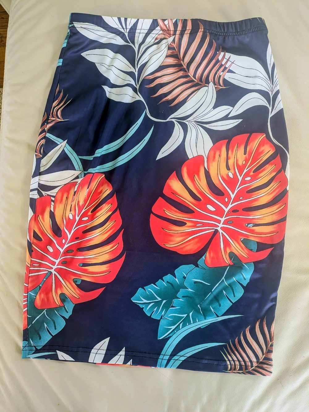 Women’s Navy Tropical Swim Skirt with Red Leaf Print
